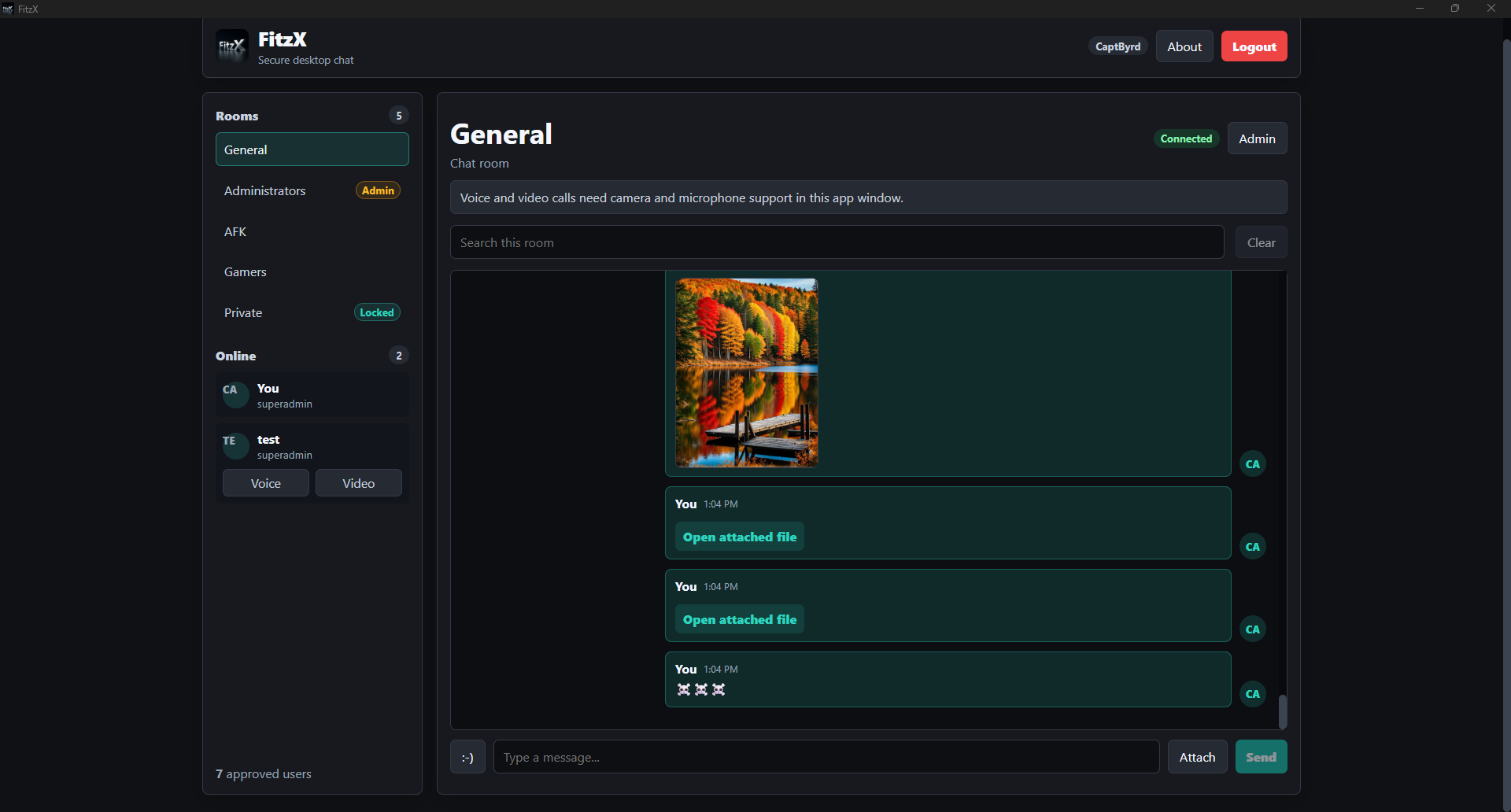 FitzX Chat desktop app showing rooms, messages, users, and call controls